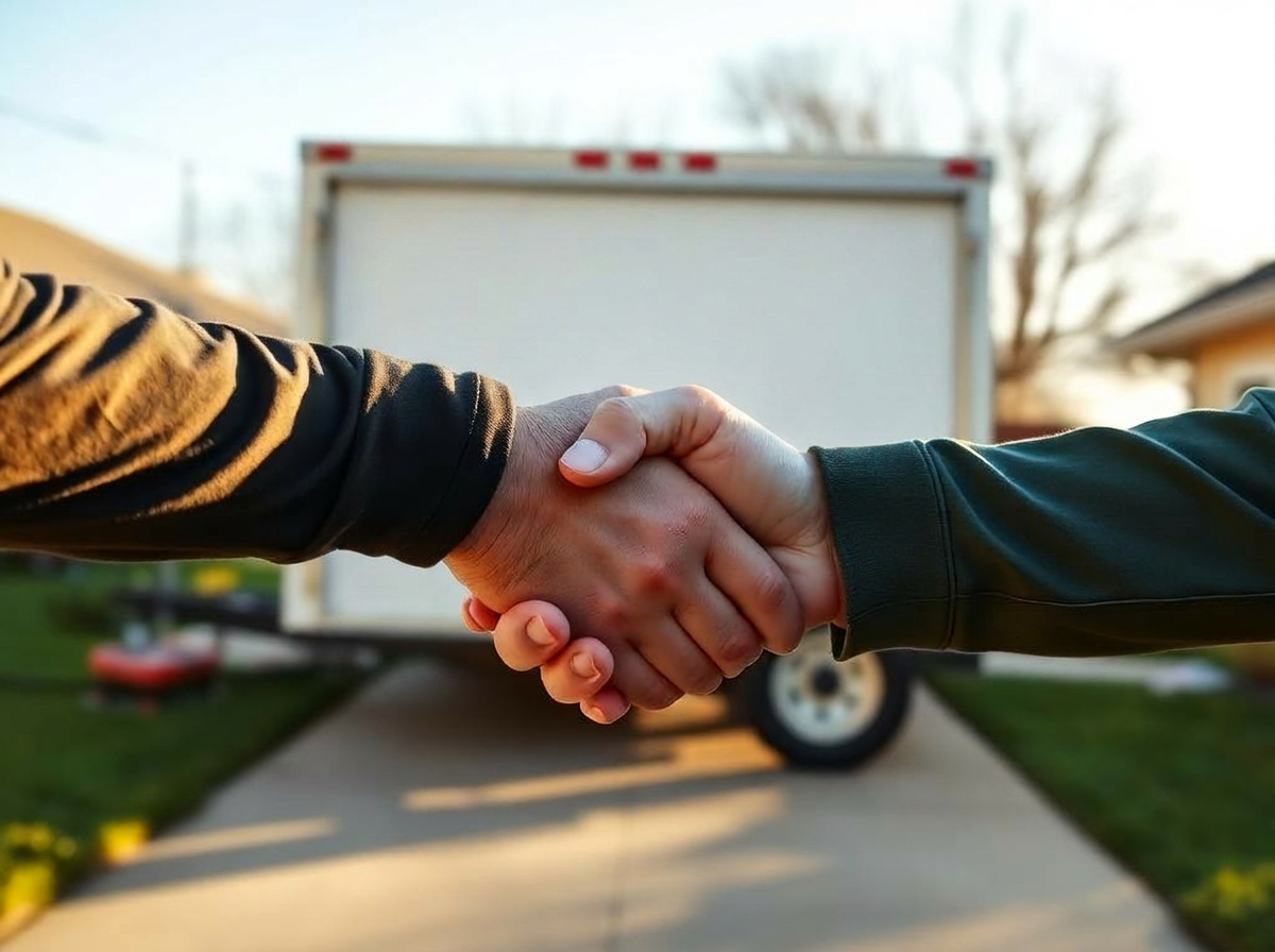 A neighborly handshake in front of the Wylie Junk Removal trailer