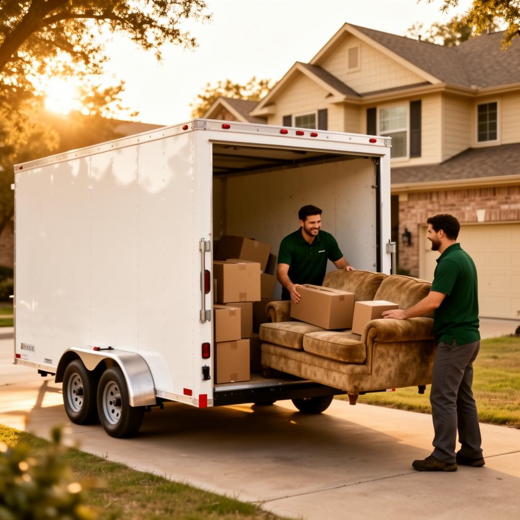 Wylie Junk Removal crew loading a couch into a clean white trailer at a Texas home